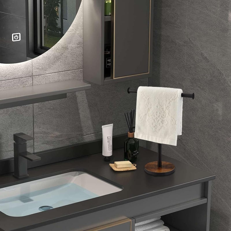 BCOZLUX Towel Holder Stand, Countertop Hand Towel Stand for Bathroom and Kitchen, Free Standing Counter Towel Rack with Weighted Wood Base, Rustic Black and Brown - Image 4